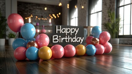 Naklejka premium Birthday balloons studio floor backdrop
