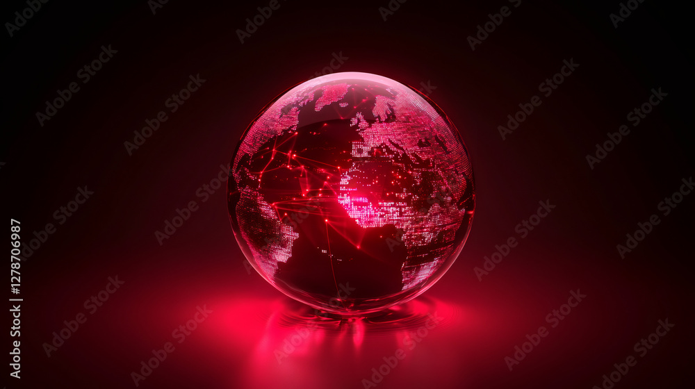 Poster red glowing globe highlighting connections between continents in a dark background, concept of globa