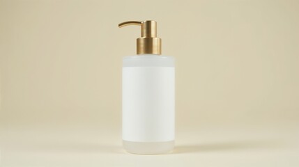 Elegant white dispenser bottle with gold pump against neutral background for skincare and beauty
