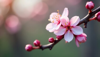 Close-up of pale pink flower buds unfurling on graceful branches , spring, delicate