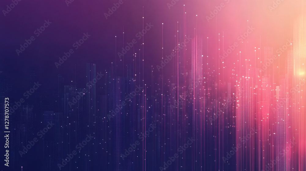 Aufkleber Glowing vertical lines and particles create an abstract cityscape, representing a futuristic skyline with a vibrant color gradient
