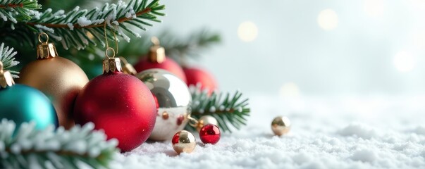 Fototapeta premium Colorful glass ornaments & frosted pine sprigs against a pure white studio setting Christmas cheer , glitter, branches, vibrant