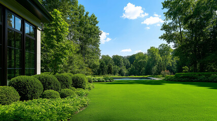 Naklejka premium Luxurious green lawn with manicured bushes and trees under clear blue sky, creating serene outdoor space perfect for relaxation and enjoyment