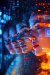 Multiple profiles of women with digital overlays in a futuristic setting
