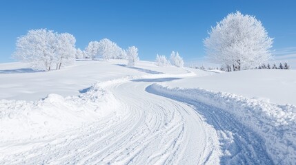 Fototapeta premium Snowy winding path, winter landscape, clear sky, trees frosted