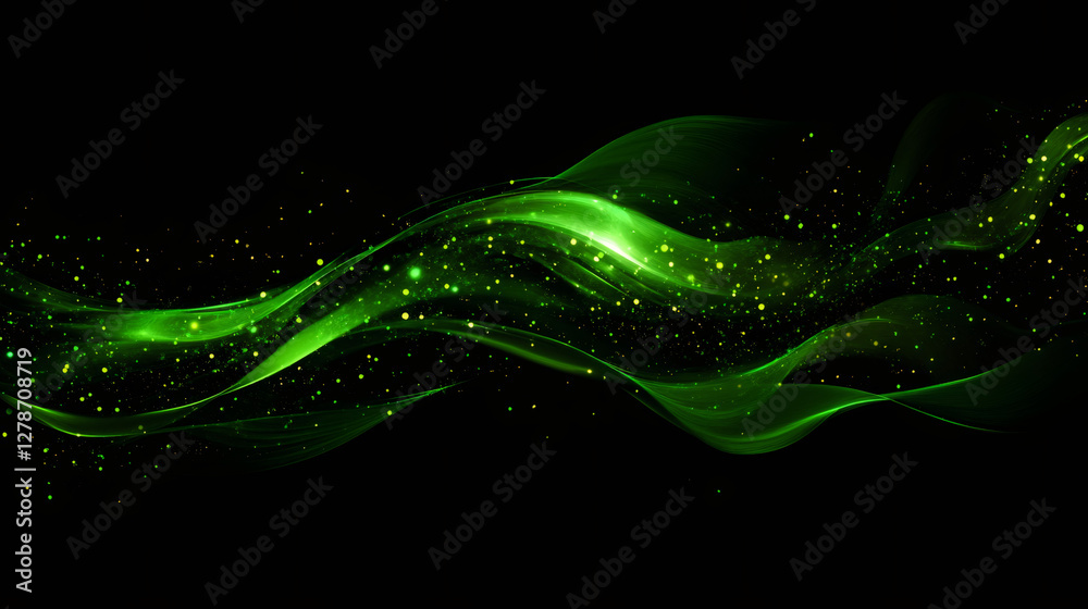 Poster Emerald waves surging, luminous particles dancing across deep darkness, generating mesmerizing abstract fluid motion