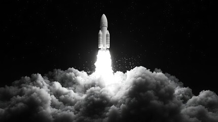 Obraz premium Rocket Launching into Space, A rocket launching into space, surrounded by clouds and a starry sky