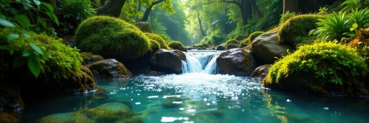 Crystal clear water tumbles over mossy rocks in verdant jungle, lush, fresh, vista