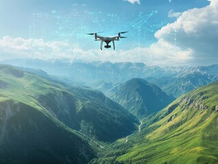 Drone flying over lush green mountains with digital overlay in background