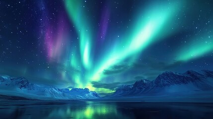 A stunning view of the Northern Lights over snow-covered mountains, with vibrant green lights dancing in the night sky above a serene lake. The scene is peaceful and awe-inspiring,