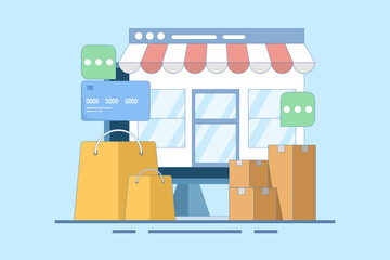 Online shopping concept on website or mobile app, marketing and digital marketing. Online shopping store on website. Digital store promotion, online payment, delivery, sales. Flat vector illustration.
