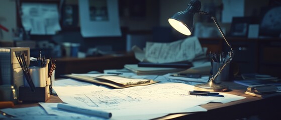 A study desk cluttered with design sketches and a lamp, the workspace evoking creativity and the relentless pursuit of ideas in dim light.