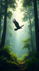 Majestic Bird Gliding Effortlessly Above a Verdant Forest Canopy, Embraced by Towering Trees and Vibrant Foliage in a Serene Wilderness