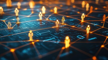Digital network visualization with glowing figures representing people connected in a city grid