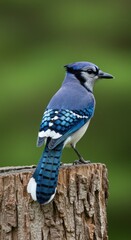 Blue Jay Bird Perched on Tree Stump in Natural Setting