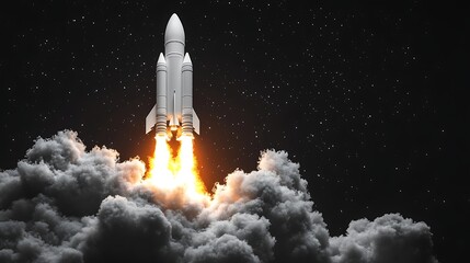 Obraz premium Rocket Launching into Space, A rocket launching into space, surrounded by clouds and a starry sky