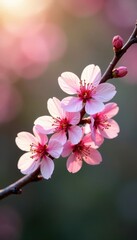 Obraz premium Delicate pink cherry blossoms on branch, soft sunlight , white flowers, macro