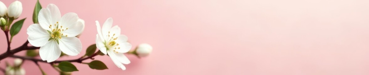 Delicate white blossoms, green leaves, pale pink backdrop, elegant, beauty, aesthetic