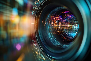 Close-up view of a camera lens showcasing vibrant reflections and light patterns, symbolizing photography and technology advancements