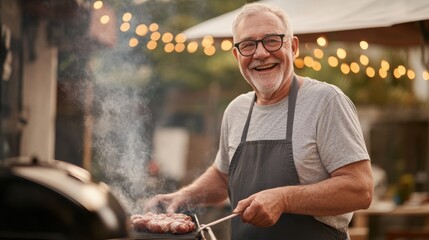 Senior man grilling outdoors at summer barbecue with friends and family, enjoying cooking, smiling happily, relaxed atmosphere, outdoor lifestyle.