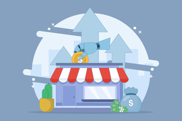 concept of supporting small and medium enterprises. investment or funding to improve and develop local businesses to continue to grow. investors invest money into shops. flat vector illustration.