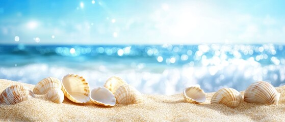 Seashells on sandy beach with ocean waves in the background under bright sun, summer vacation, seaside relaxation, travel paradise, coastal scenery.