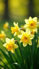 Dense cluster of daffodils, sunny day, lush green, flowers, landscape