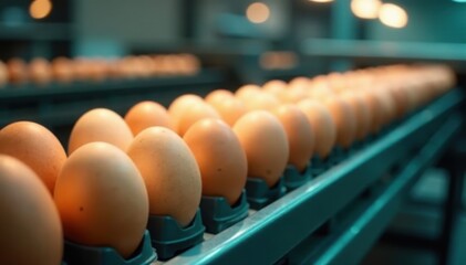 Dozens of eggs transported via conveyor system, industrial setting, quality assurance