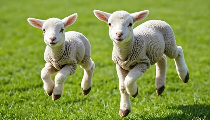 Fototapeta premium Adorable Lambs Leaping in Spring Green Pasture - Cute Farm Animals