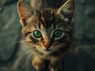 Kitten looking up, cobblestone background, pet