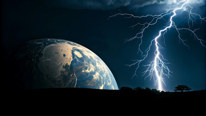 地平線の奥に浮かぶ青い地球と、空に輝く稲妻のコラボレーション画像