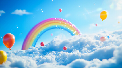 空に浮かぶ虹とカラフルな風船をイメージしたデジタル画像