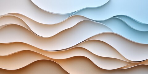 Fototapeta premium A serene expanse of white, light blue, and beige surfaces ripple with soft, curved waves, crafting a tranquil, ocean-inspired mosaic
