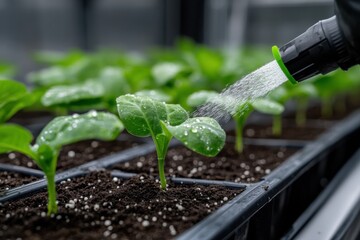 A hand gently waters vibrant young plants in pots, emphasizing the importance of maintaining a well-hydrated environment for their healthy growth and development.