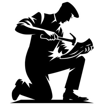 black silhouette cobbler hammering shoe clip art preview