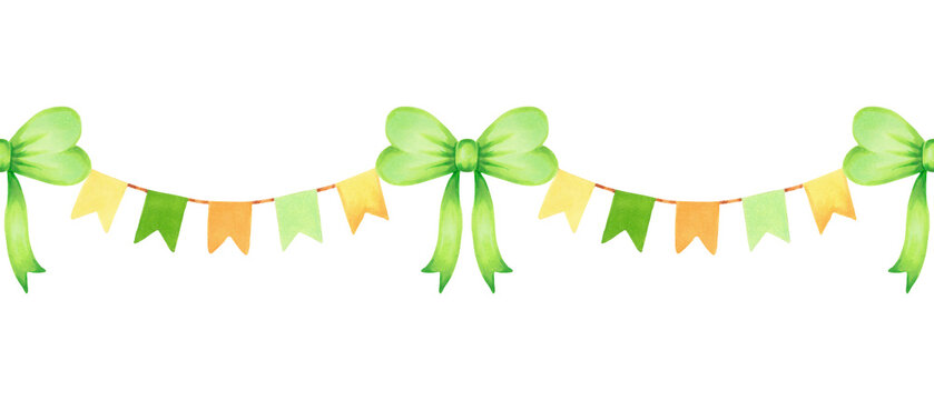 Bow with garland. Seamless horizontal border with ribbon. Watercolor and marker illustration. Hand drawn isolated art. Hanging flags for St. Patrick's Day. For design, decor, flyers, printing