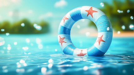 爽やかな海と水色の浮き輪が映る夏をテーマにした背景