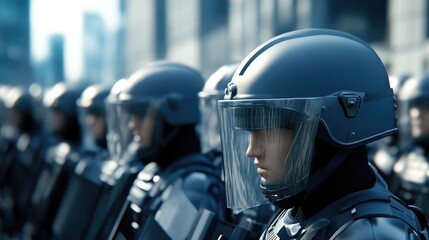 Fototapeta premium Riot police stand as protectors during public unrest