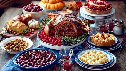 Obraz premium Roasted Turkey Festive Dinner Illustration