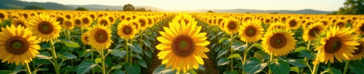 Obraz premium Endless rows of sunflowers, birds-eye perspective, countryside, sky, golden