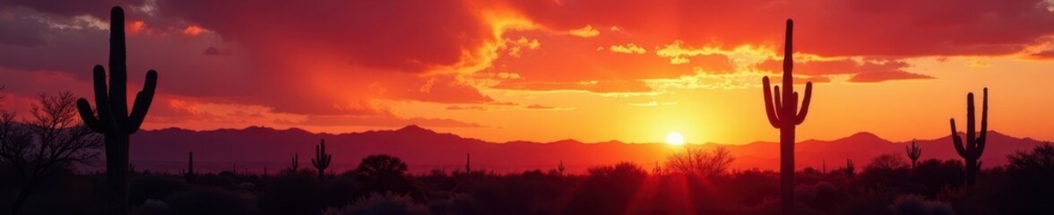 Obraz premium Fiery Arizona desert sunset, saguaro silhouettes, evening, light