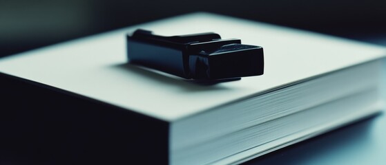Close-up of a black stapler atop a stack of white papers creates a stark, minimalist scene in a modern office setting.