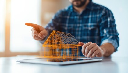 A man interacts with a holographic house model on a tablet, showcasing the innovative merging of digital technology and architecture in modern design concepts.