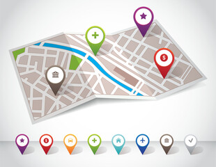 City map with navigation pins, 3d prespective, vector file