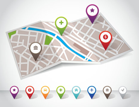 City map with navigation pins, 3d prespective, vector file