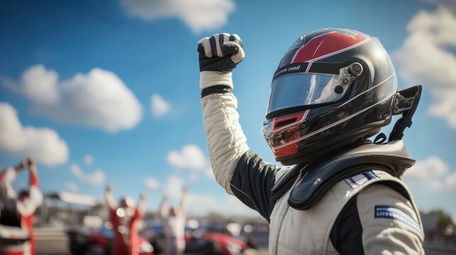 Racing driver celebrating victory in helmet and suit with cheering crowd in background, motorsport adrenaline, car racing event, championship win.