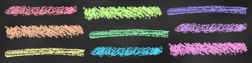 Children's Chalk Drawn Sketch. Set of Design Elements Colorful Linear Scribbles Isolated on Chalkboard Backdrop.