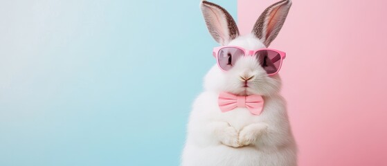Fototapeta premium Rabbit wearing sunglasses and bow tie posing in studio against pink and blue background, fun pet photography, stylish easter concept, adorable animal portrait.