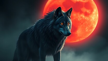 Majestic Black Wolf Under Blood Moon: Dark Fantasy Art Wallpaper