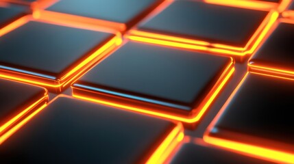 Glowing Illustration of Structured Layers with Orange and Black Tiles in a Dynamic Arrangement